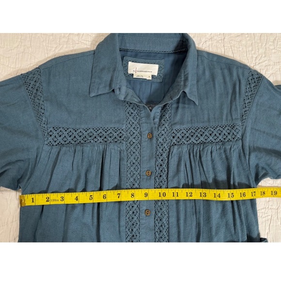 Anthropologie Blue Linen Blend Button Front Dress with Crochet Detail Size S - Picture 5 of 8